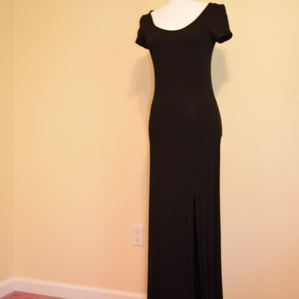 Long black short sleeve dress with slit